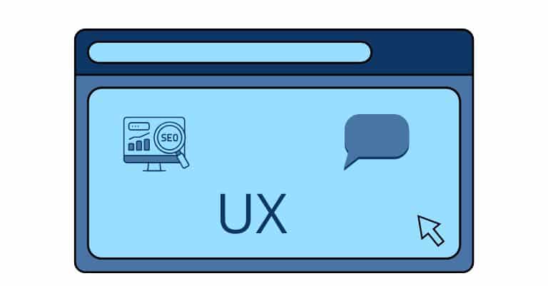 Agence de communication Hauts-de-France : Réseaux sociaux, création de site WordPress, référencement SEO/SEA 8 Infographie épurée dans une fenêtre de navigateur affichant les icônes du SEO et de l'UX reliées entre elles, illustrant la stratégie moderne de visibilité web en 2026.