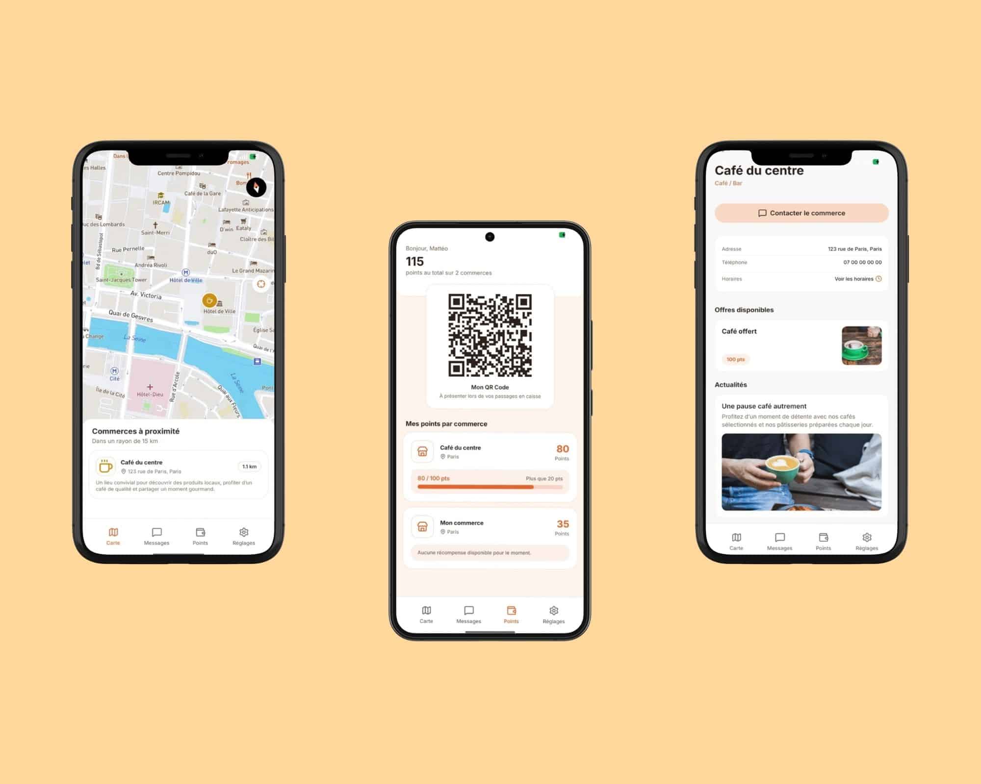 Fidicity, l’application de fidélité locale qui modernise la relation client et redynamise le commerce de proximité ! 1 Trois écrans de smartphone présentant l'application Fidicity : une carte interactive des commerces à proximité, une carte de fidélité avec QR code et la fiche d'un commerce.