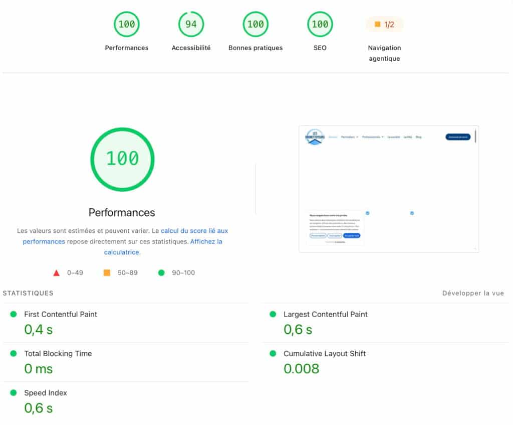 Les Dronettoyeurs : création de site web artisan pensée pour mettre en avant un savoir-faire dans l’entretien des façades et toitures 2 Rapport d'audit de performance web indiquant un score maximal de 100 pour le site Les Dronettoyeurs.