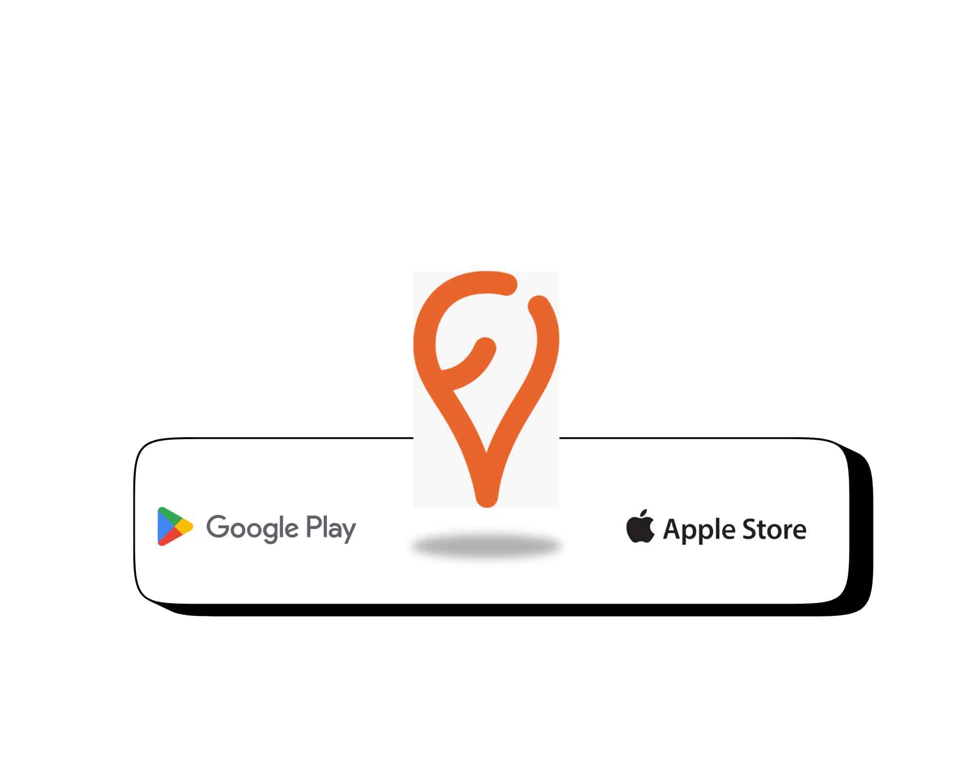 Fidicity, l’application de fidélité locale qui modernise la relation client et redynamise le commerce de proximité ! 4 Logo orange en forme de marqueur de géolocalisation pour l'application Fidicity avec les badges Google Play et Apple Store.
