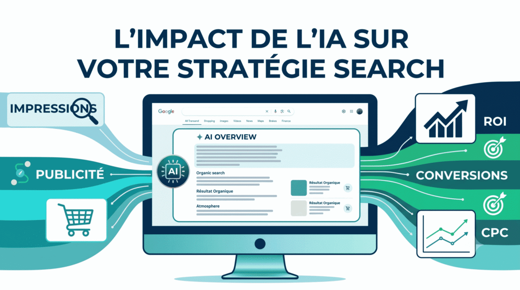 Sch&eacute;ma illustrant l'impact des AI Overviews de Google sur les campagnes Google Ads